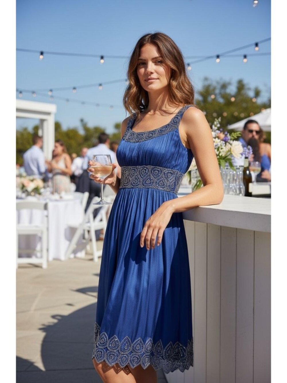 Adrianna Papell Blue 100% Silk Heavy Scalloped Beaded Formal Tulle Dress Size 8